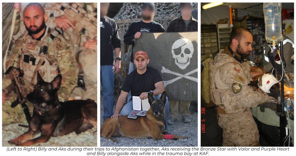 Billy and Aks during their trips to Afghanistan together, Aks receiving the Bronze Star with Valor and Purple Heart and Billy alongside Aks while in the trauma bay at KAF.